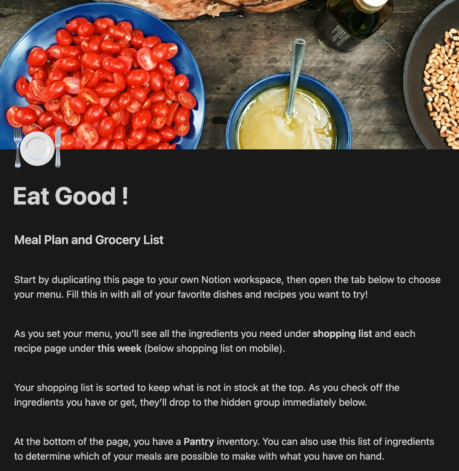 Image shows the Meal Plan and Grocery List Tool for Notion instructions with the title "Eat Good!" on desktop view